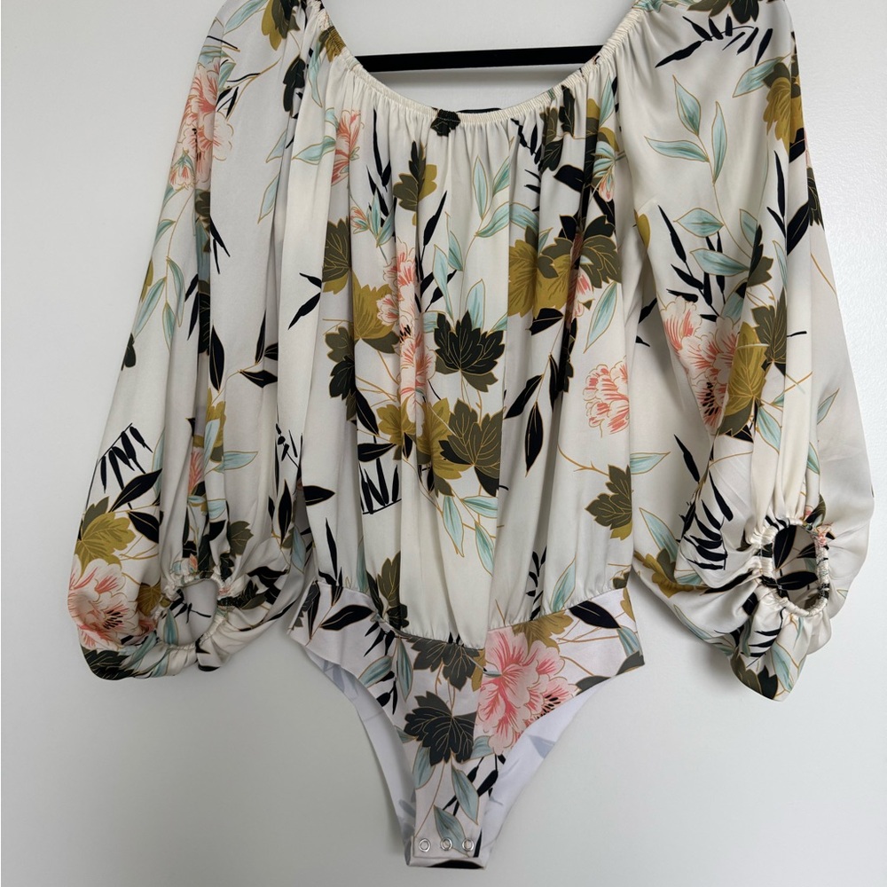 Zara Cream Floral Off-Shoulder Puff Sleeve Bodysuit